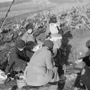 Farm workers sitting under a pylon, eating their lunch. 1936 Farm workers sitting under a pylon, eating their lunch. 1936