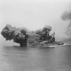 Great battleship firing a broadside. A remarkable snapshot of the USS Mexico firing