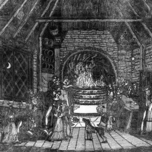Halloween Print - People gathered around a fire Halloween Print - People gathered around a fire