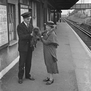 One happy dog is held aloft by a train station attendant with Mrs Boune Williams