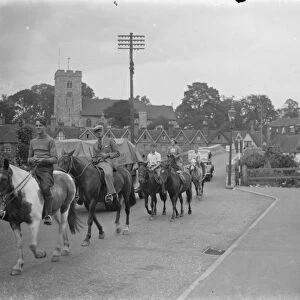Horse riders riding over the Aylesford Bridge, Surrey. 1938