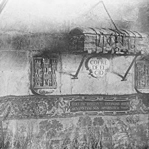 Iron bound chest on cathedral wall. The iron bound and historic coffer of the Cid