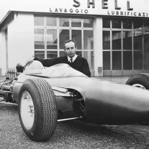 John Surtees pictured here with the new Ferrari Formula One racing car. April 7th
