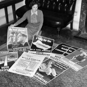 New conservative election posters laid out for inspection at Conservative central New conservative election posters laid out for inspection at Conservative central
