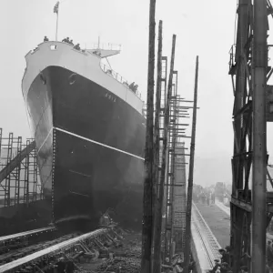 Print of the Cunard White Star cargo liner Asia being launched