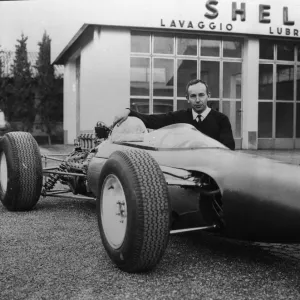 New Ferrari Formula One. Modena, Italy : British race ace John Surtees poses