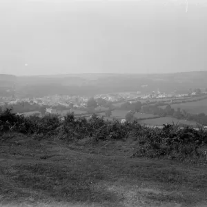 Black and white print of Okehampton town in West Devon, England, 1926 Black and white print of Okehampton town in West Devon, England, 1926