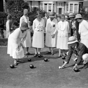 Photographed here is the referee measuring up the woods for the first Open Bowls Photographed here is the referee measuring up the woods for the first Open Bowls