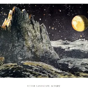 Colour wood engraving print of a Lunar landscape on Earth Colour wood engraving print of a Lunar landscape on Earth