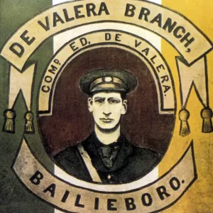 Print of Eamonn de Valera on an Irish Volunteers banner Print of Eamonn de Valera on an Irish Volunteers banner