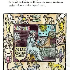Portrait of Nostradamus, seated at his desk, within a rectangular surround decorated Portrait of Nostradamus, seated at his desk, within a rectangular surround decorated