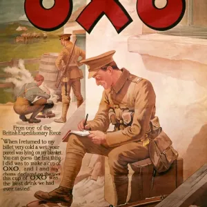 Print of Soldier Writing a Letter with OXO Advertisment