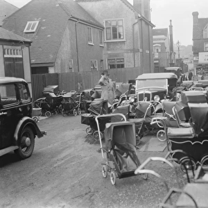 Prams outside a hall in Dartford, Kent, where the baby show is taking place