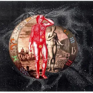 Print of Cosmic Man and Woman with planetary centres Print of Cosmic Man and Woman with planetary centres