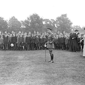Royal visit to Bedford. His Majesty addressing the Boys At Bedford School. 27 June 1918