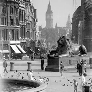 Scenes in Trafalgar Square with Big Ben in backgound. Trafalgar Square, London