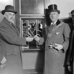 Sir Josiah Stamp, 2nd from left, handing the first ticket issued at the New London Midland Sir Josiah Stamp, 2nd from left, handing the first ticket issued at the New London Midland