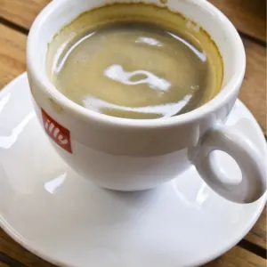 Small cup of espresso coffee in Swedish cafe. credit: Marie-Louise Avery / thePictureKitchen