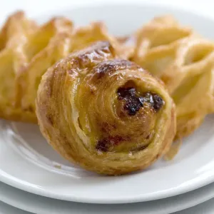 Small Danish pastries on stack of white plates Print Small Danish pastries on stack of white plates Print