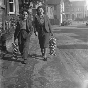Spanish onion boy and girl in Sidcup, Kent. 1938