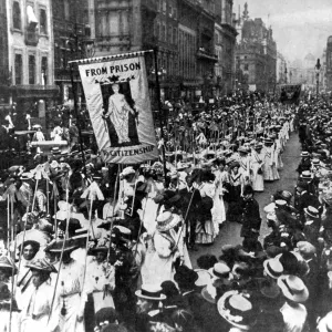 Suffragettes demonstrating in London. The wands they carry 617 are one for each conviction Suffragettes demonstrating in London. The wands they carry 617 are one for each conviction