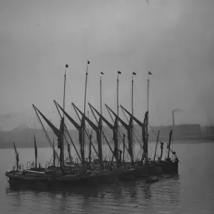 Thames barges moored up on the river. 1939
