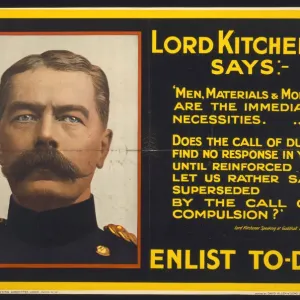 Title: Lord Kitchener says: Enlist to-day / photo Bassano ;printed by David Allen & Sons Ld