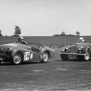 Triumph TR2 and Morgan Plus Four at Silverstone in July 1955
