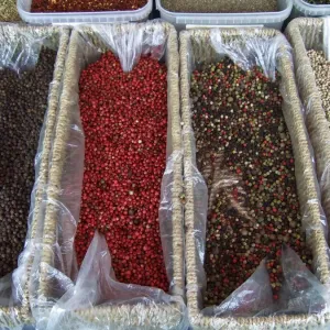 Various sorts of peppercorns on market stall in Edenbridge Kent credit: Marie-Louise