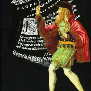 Vartiation on the Epinal portrait, with Nostradamus against a distorted image of Vartiation on the Epinal portrait, with Nostradamus against a distorted image of