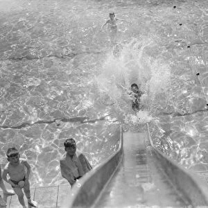 A view down the slide into the roped off area at swimming pool in Gravesend, Kent