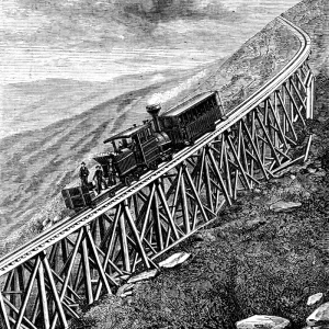 View of a train on the perilous railway track on Mount Washington. 19th century