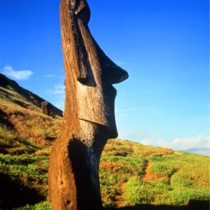 World. 2. Easter Island. Statue on the slopes of the dominant extinct volcano, near World. 2. Easter Island. Statue on the slopes of the dominant extinct volcano, near