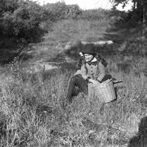 A young girl collecting acorns for feeding pigs and sheep. 31 October 1916