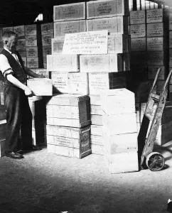 Gift Prints: 11 t of canned foods and soap, in the form of gift parcels from Australia, now stored