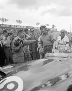 Filming Prints: 15 June 1953 Rolt-Hamilton team win Le Mans 24 hour race Press surround Duncan