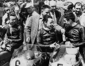 Motor Cycling Prints: The 1st, 2nd and 3rd seen in the paddock after winning the 125 cc TT race on the Isle of Man