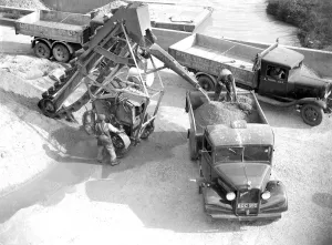 3 ton Bedford truck being loaded by a conveyor loader at the Sand & Gravel Co Ltd