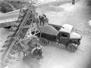 Workers Prints: 3 ton Bedford truck being loaded by a conveyor loader at the Sand & Gravel Co Ltd