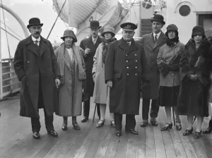 Aboard the Blue Star Liner Almeda at Tilbury. On left, Lord and Lady Askwith