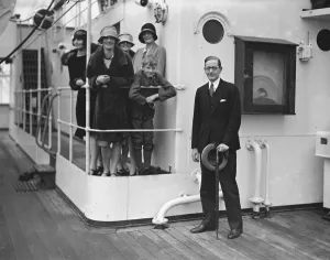 Aboard the SS Almeda at Tilbury. Hon Richard Lygon ( on rails ) and Hon Hugh Lygon