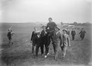 Air And Flying Machine Prints: Aerial Derby. Great race round London. Chairing the winner, Mr Jimmy James