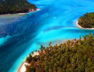Aerial view of a bay in Morea, and island off Tahiti