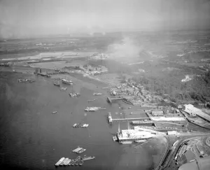 Aerial view of Greenhithe, Kent overlooking Everards shipyard, HMS Worcester