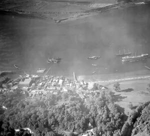 Aerial view of Greenhithe, Kent overlooking Everards shipyard, HMS Worcester