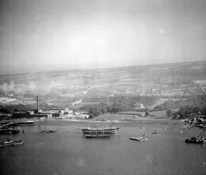 Aerial view of Greenhithe, Kent overlooking Everards shipyard, HMS Worcester