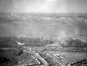 Aerial view of Greenhithe, Kent overlooking Everards shipyard, HMS Worcester