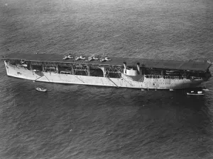 How aeroplanes land on a floating aerodrome. Machine in position on the landing