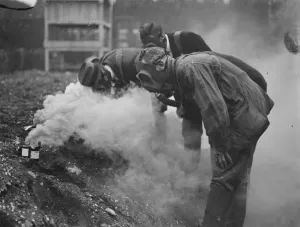An Air Raid Precautions demonstration in Dartford, Kent. Gasmask testing