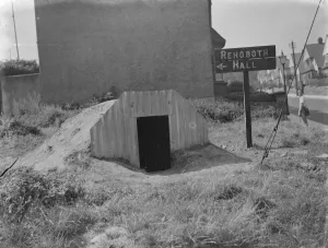 An air raid shelter and sign in Gravesend, Kent. 1938